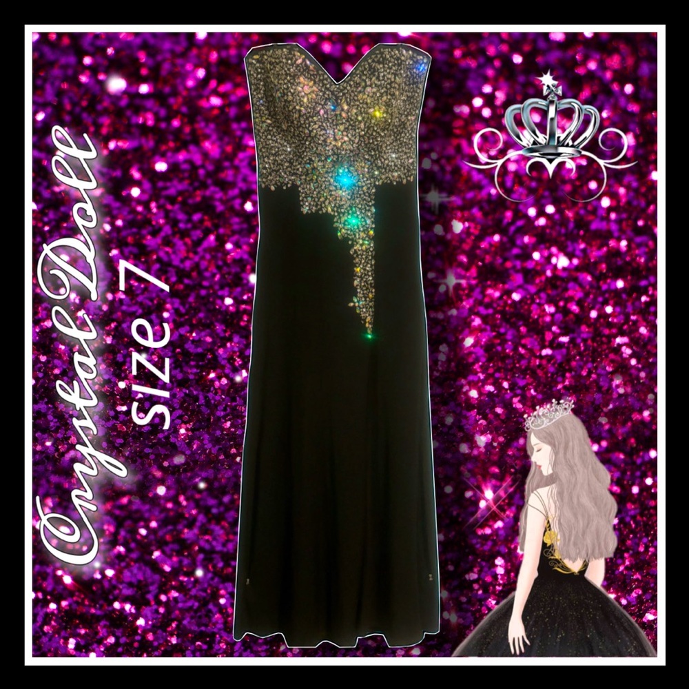 CRYSTAL DOLL black with rhinestone strapless GOWN size 7